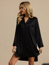 [Svart] SilkSilky-NO Long Sleeve Lapel Collar Soveskjorte 005