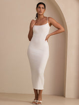 [Hvit] SilkSilky-NO Spaghetti Strap Boat Neck Kjole 008