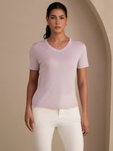 [Lavendel] SilkSilky-NO Short Sleeve V Neck T-skjorte for Kvinner 001