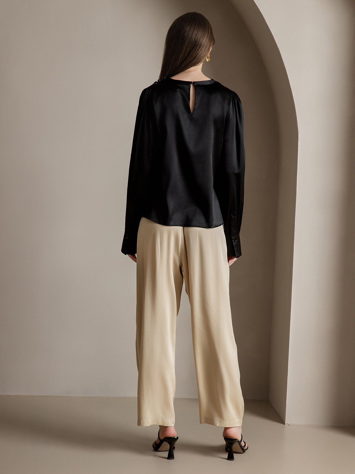 [Svart] SilkSilky-NO 19Momme Silke Womens Shirt 002