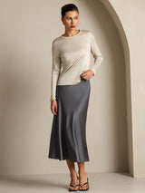 [Grå] SilkSilky-NO Long Sleeve Crew Neck T-skjorte for Kvinner 014