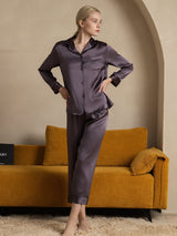 [Lilla Grå] SilkSilky-NO Long Sleeve Lapel Collar Pyjamas for Kvinner 001