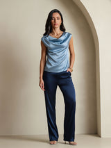 [Gråblå] SilkSilky-NO Cap Sleeve Cowl Neck T-skjorte for Kvinner 005