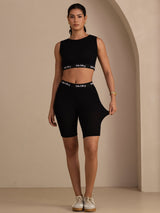 [Svart] SilkSilky-NO Sleeveless Crew Neck Women's Outfit Sets 008