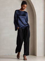 [Mørke blå] SilkSilky-NO Long Sleeve Boat Neck Bluse 004