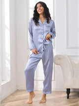 [Stål Blå] SilkSilky-NO Long Sleeve Lapel Collar Pyjamas for Kvinner 004