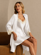 [Hvit] SilkSilky-NO 3/4 Sleeve V Neck Nattkjole og Morgenkåpesett 004