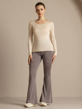 [Beige] SilkSilky-NO Langermet Rund Hals T-skjorte for Kvinner 008