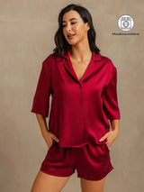 [Vin] SilkSilky-NO 19Momme Halv erme Notchkrage Pyjamas for Kvinner 001
