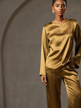 [Brun] SilkSilky-NO Long Sleeve Boat Neck Bluse 005