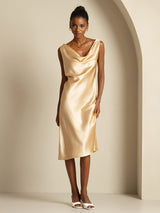[Champagne] SilkSilky-NO Sleeveless Cowl Neck Kjole 005