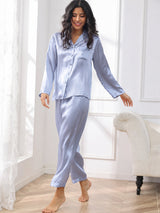 [Stål Blå] SilkSilky-NO Long Sleeve Lapel Collar Pyjamas for Kvinner 003