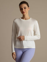 [Hvit] SilkSilky-NO Langermet Tett Crew Neck T-skjorte for Kvinner 003