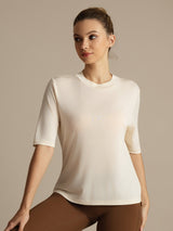 [Beige] SilkSilky-NO Halv erme Tett Crew Neck T-skjorte for Kvinner 001