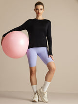 [Svart] SilkSilky-NO Langermet Tett Crew Neck T-skjorte for Kvinner 008