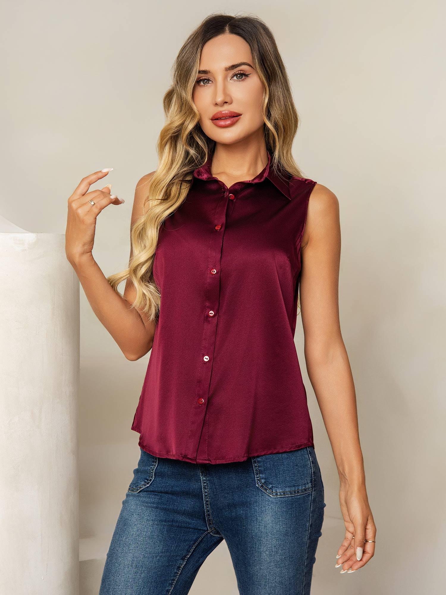 [Mørkerød] SilkSilky-NO 19Momme Silke Lapel Collar Skjorte for Kvinner 001