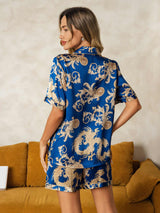 [Navy Drage] SilkSilky-NO Short Sleeve Lapel Collar Pyjamas for Kvinner 002