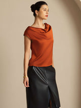 [Karamell] SilkSilky-NO Cap Sleeve Cowl Neck T-skjorte for Kvinner 006
