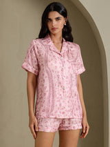 [Rosa Leopard] SilkSilky-NO Short Sleeve Notch Collar Pyjamas for Kvinner 001