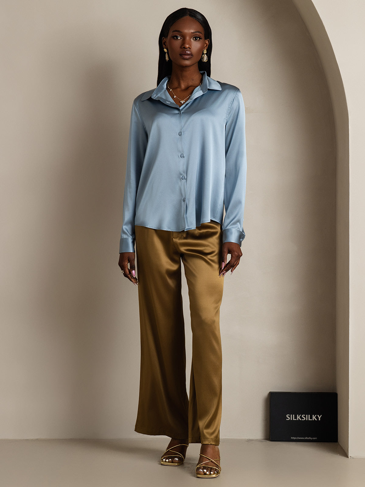 [Gråblå] SilkSilky-NO Silke Long Sleeve Collar Skjorte for Kvinner 006