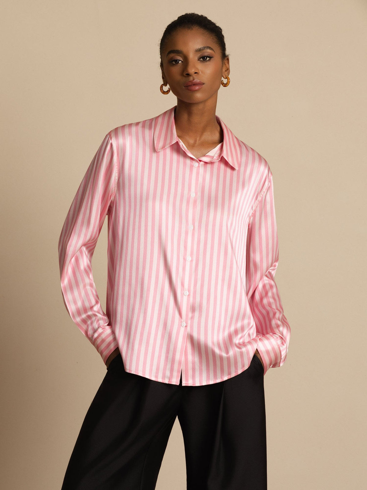 [Rosa Stripe] SilkSilky-NO Long Sleeve Lapel Collar Skjorte for Kvinner 001