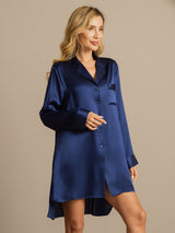 [Mørke blå] SilkSilky-NO Long Sleeve Lapel Collar Soveskjorte 008