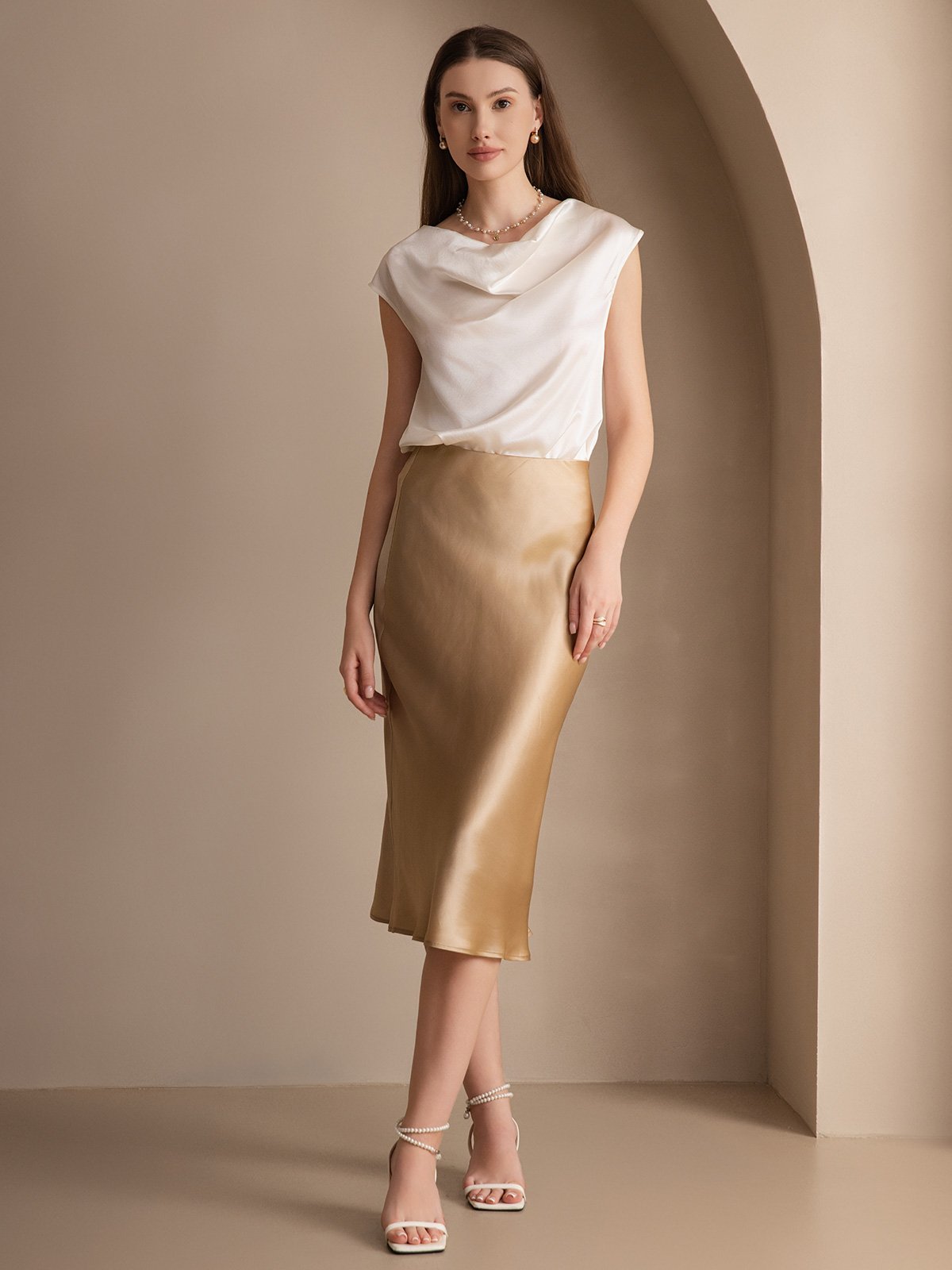 [Hvit] SilkSilky-NO 19Momme Silke Cowl Neck T-skjorte for Kvinner 006