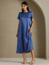 [Ekte Petrol] SilkSilky-NO Short Sleeve Crew Neck Kjole 001