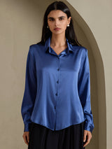 [Ekte Petrol] SilkSilky-NO Long Sleeve Lapel Collar Skjorte for Kvinner 003