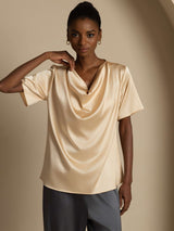 [Champagne] SilkSilky-NO Short Sleeve Cowl Neck Damebluser 005