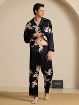 [Svart] SilkSilky-NO Long Sleeve Notch Collar Pyjamas for menn 008