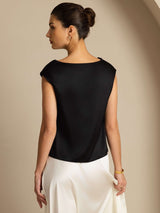 [Svart] SilkSilky-NO Cap Sleeve Cowl Neck T-skjorte for Kvinner 003