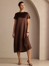[Mørk Sjokolade] SilkSilky-NO Short Sleeve Round Neck Kjole 004