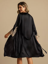 [Svart] SilkSilky-NO 3/4 Sleeve V Neck Nattkjole og Morgenkåpesett 002