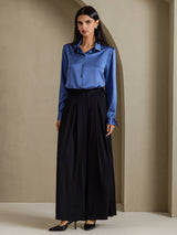 [Ekte Petrol] SilkSilky-NO Long Sleeve Lapel Collar Skjorte for Kvinner 006