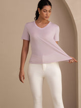 [Lavendel] SilkSilky-NO Short Sleeve V Neck T-skjorte for Kvinner 005