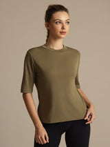 [Brent Oliven] SilkSilky-NO Halv erme Tett Crew Neck T-skjorte for Kvinner 002