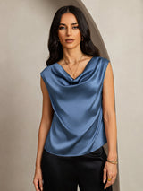 [Ekte Petrol] SilkSilky-NO Cap Sleeve Cowl Neck T-skjorte for Kvinner 005