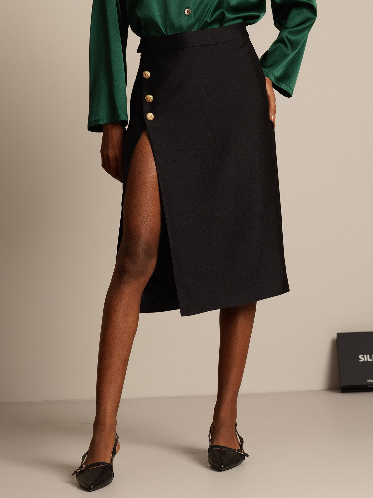 [Svart] SilkSilky-NO 32Momme Silk-Wool Blend Skirt 001,