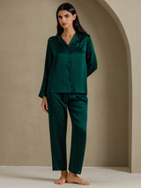 [Mørk Grønn] SilkSilky-NO Long Sleeve Lapel Collar Pyjamas for Kvinner 003