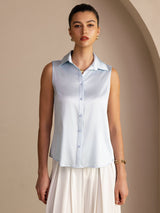 [Lyse Blå] SilkSilky-NO Sleeveless Lapel Collar Skjorte for Kvinner 001