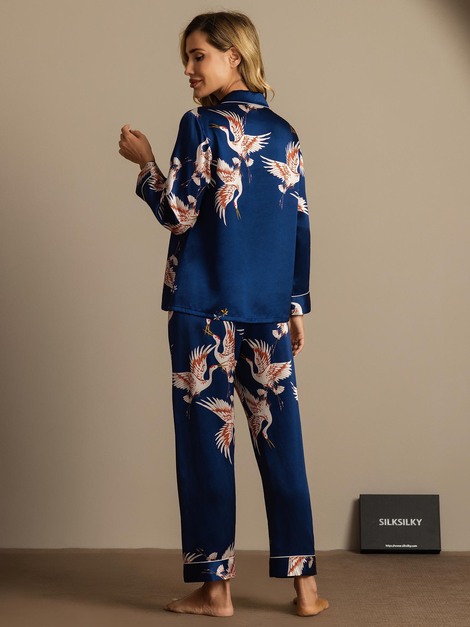 [Mørke blå] SilkSilky-NO 19Momme Womens Pajamas 008,