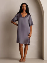 [Lilla Grå] SilkSilky-NO Half Sleeve V Neck Nattkjole 008