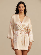 [Champagne] SilkSilky-NO 19Momme 3/4 erme Morgenkåpe for Kvinner 001