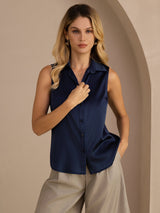 [Mørke blå] SilkSilky-NO Sleeveless Lapel Collar Skjorte for Kvinner 005