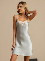 [Lyse Blå] SilkSilky-NO Spaghetti Strap V Neck Nattkjole 004