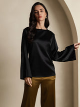 [Svart] SilkSilky-NO Long Sleeve Boat Neck Bluse 001