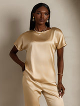[Champagne] SilkSilky-NO 19Momme Kort erm Båtringning T-skjorte for Kvinner 003