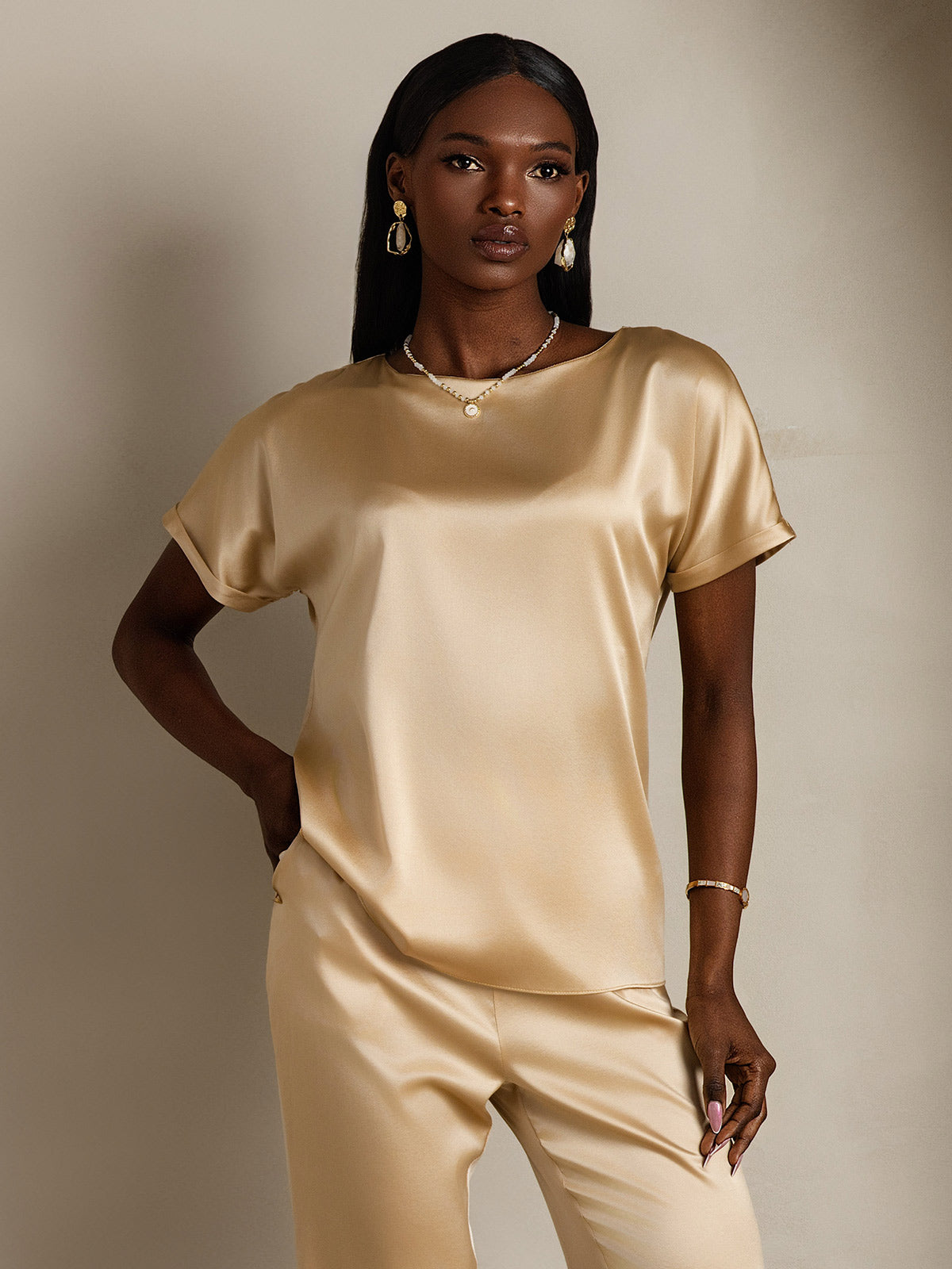 [Champagne] SilkSilky-NO 19Momme Silke Womens T-Shirt 003,