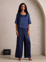 [Mørke blå] SilkSilky-NO Halv erme Round Neck Pyjamas for Kvinner 005